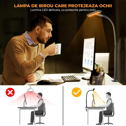 Lampa LED de Birou Elindor® Ultra Wide, Luminozitate si Temperatura Lumina Reglabila, Clema de Prindere, Gat Reglabil, Temperatura Lumina 2700-6500K, Latime 44 cm, Negru