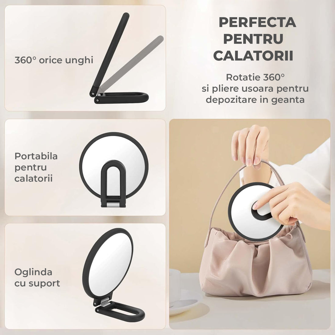 Oglinda Cosmetica Pliabila Elindor® Rotire 360°, Efect de Marire Lupa 15x, Oglinzi Cosmetice pentru Coafor, Frizerie, Barbierit, Pensat, Vopsit, Tuns, Machiaj, ABS Durabil, 3 Functii de Utilizare Agatare, in Mana sau pe Masa, 24.4x14 cm, Negru