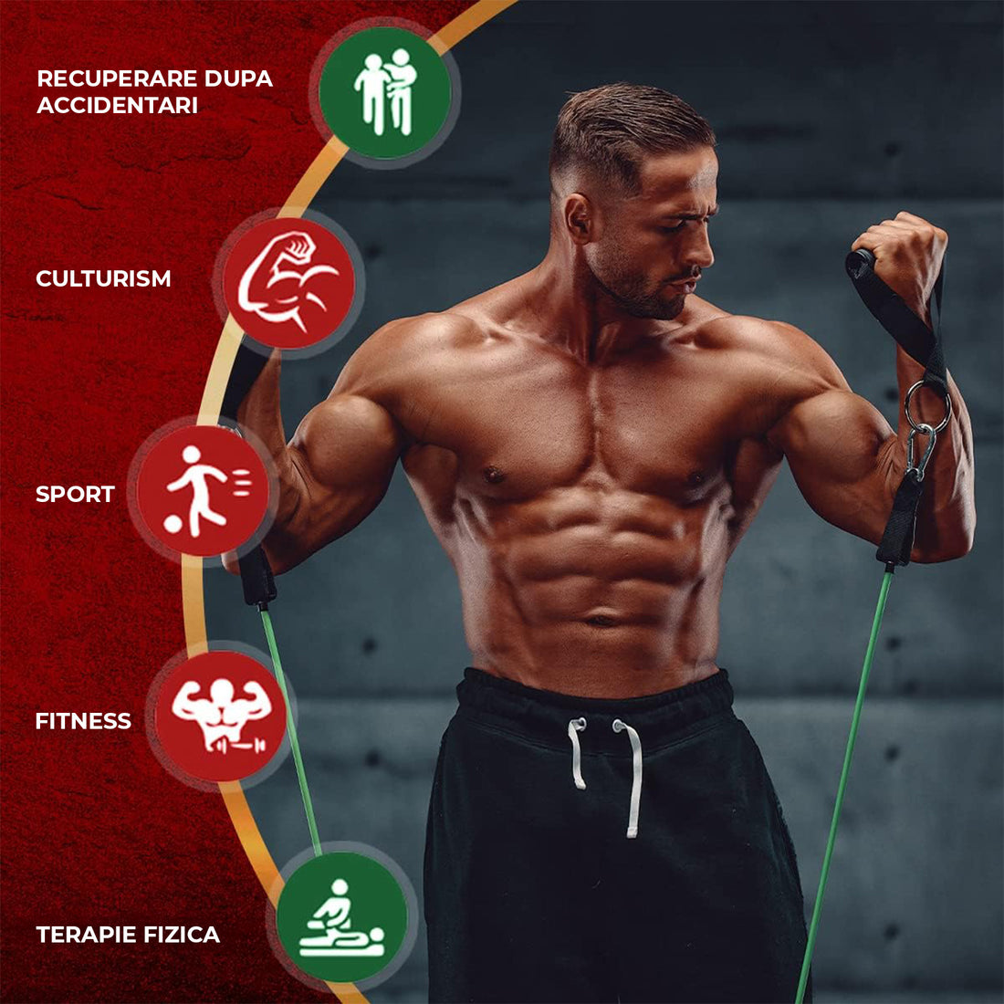 Benzi Elastice pentru Sport Elindor® cu 2 Manere si Ancora pentru Usa, Rezistenta Totala 68 kg, pentru Fitness, Workout, Yoga, Gimnastica de Recuperare, Exercitii Fizice, Aerobic, Pilates, TPE, 222 x 2 cm, Multicolor