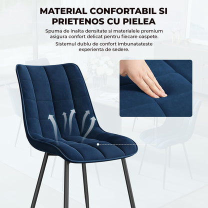 Set 2 Scaune Elindor® Ergonomice, Design Contemporan, Scaun cu Spatar si fara Manere, din Catifea cu Picioare Metalice Negre, Potrivite pentru Living, Bucatarie, Birou, Dormitor, Latime Sezut 46 cm, 85.5 x 45 x 42 cm, Albastru Marin