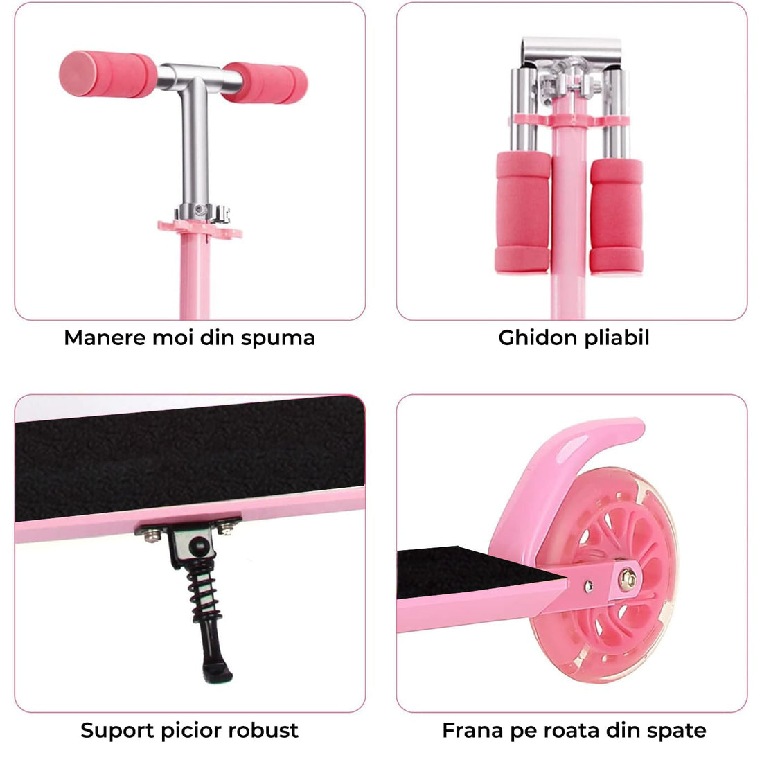 Trotinetă Elindor® Pliabilă cu Ghidon Ajustabil, Roți LED, Roz