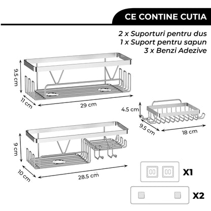 Set 3 Rafturi Elindor® pentru Duș, din Oțel Inoxidabil, Adeziv Puternic, Gri