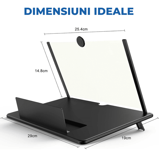 Lupa Pliabila Elindor® pentru Telefon cu Efect 3d si Zoom 4x Marire, Diagonala de 12 inch, suport telefon universal, Negru