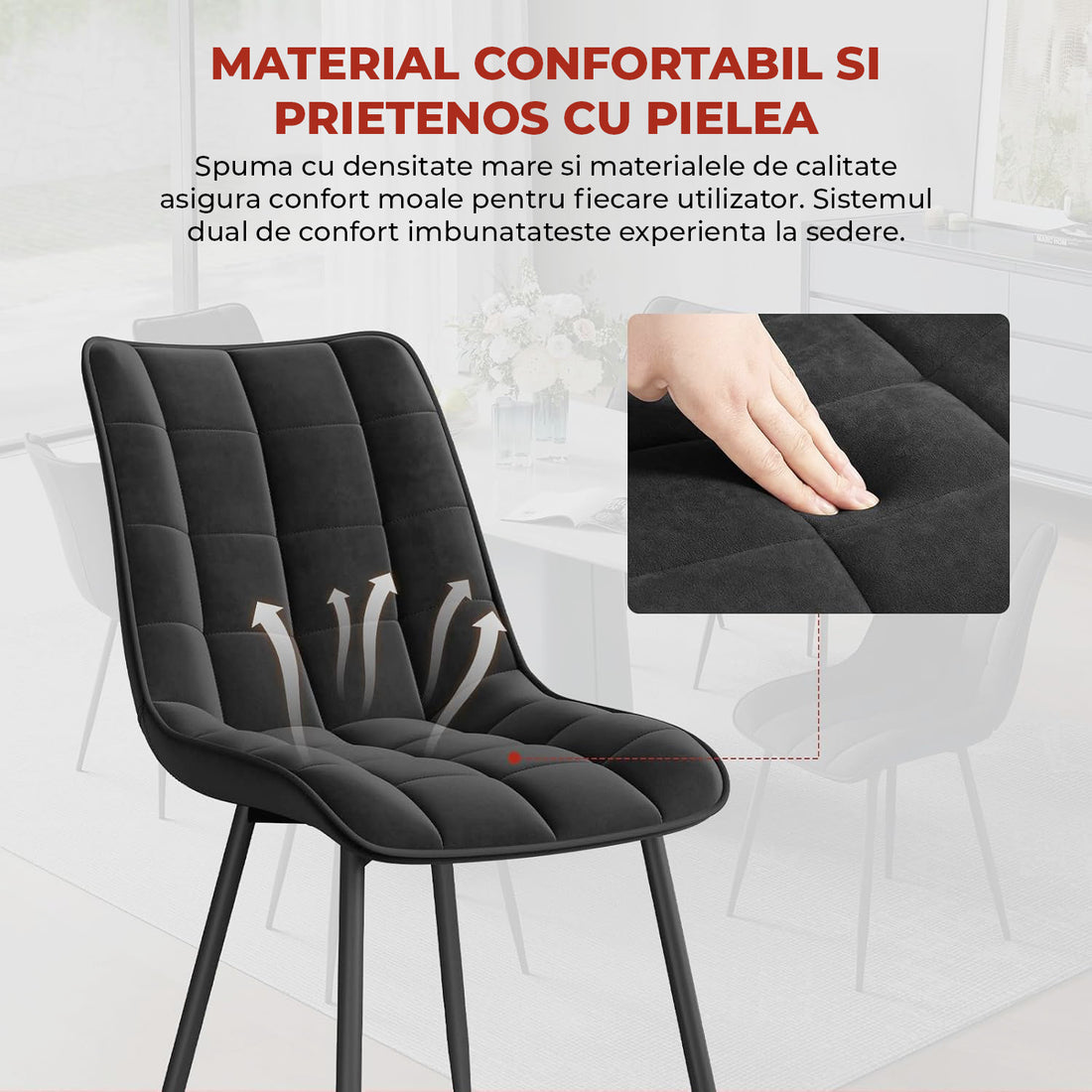 Set 2 Scaune Elindor® Ergonomice, Design Contemporan, Scaun cu Spatar si fara Manere, din Catifea cu Picioare Metalice Negre, Potrivite pentru Living, Bucatarie, Birou, Dormitor, Latime Sezut 46 cm, 85.5 x 45 x 42 cm, Negru