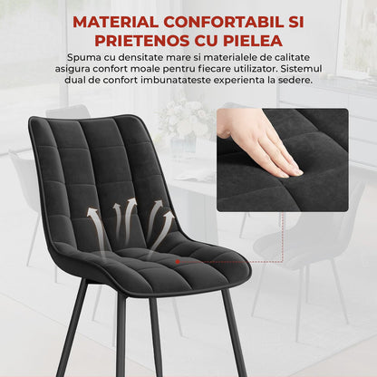 Set 2 Scaune Elindor® Ergonomice, Design Contemporan, Scaun cu Spatar si fara Manere, din Catifea cu Picioare Metalice Negre, Potrivite pentru Living, Bucatarie, Birou, Dormitor, Latime Sezut 46 cm, 85.5 x 45 x 42 cm, Negru