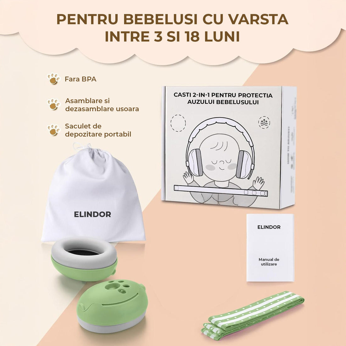 Casti Antifonice Elindor® pentru Bebelusi, Varsta intre 3 si 18 luni, cu Pernute Moi pentru Urechi, Benzi Anti-alunecare din Silicon, Prindere cu Arici, 3 Dimensiuni Reglabile, Reducere a Zgomotului cu 25 dB, Accesorii Bebe, Verde