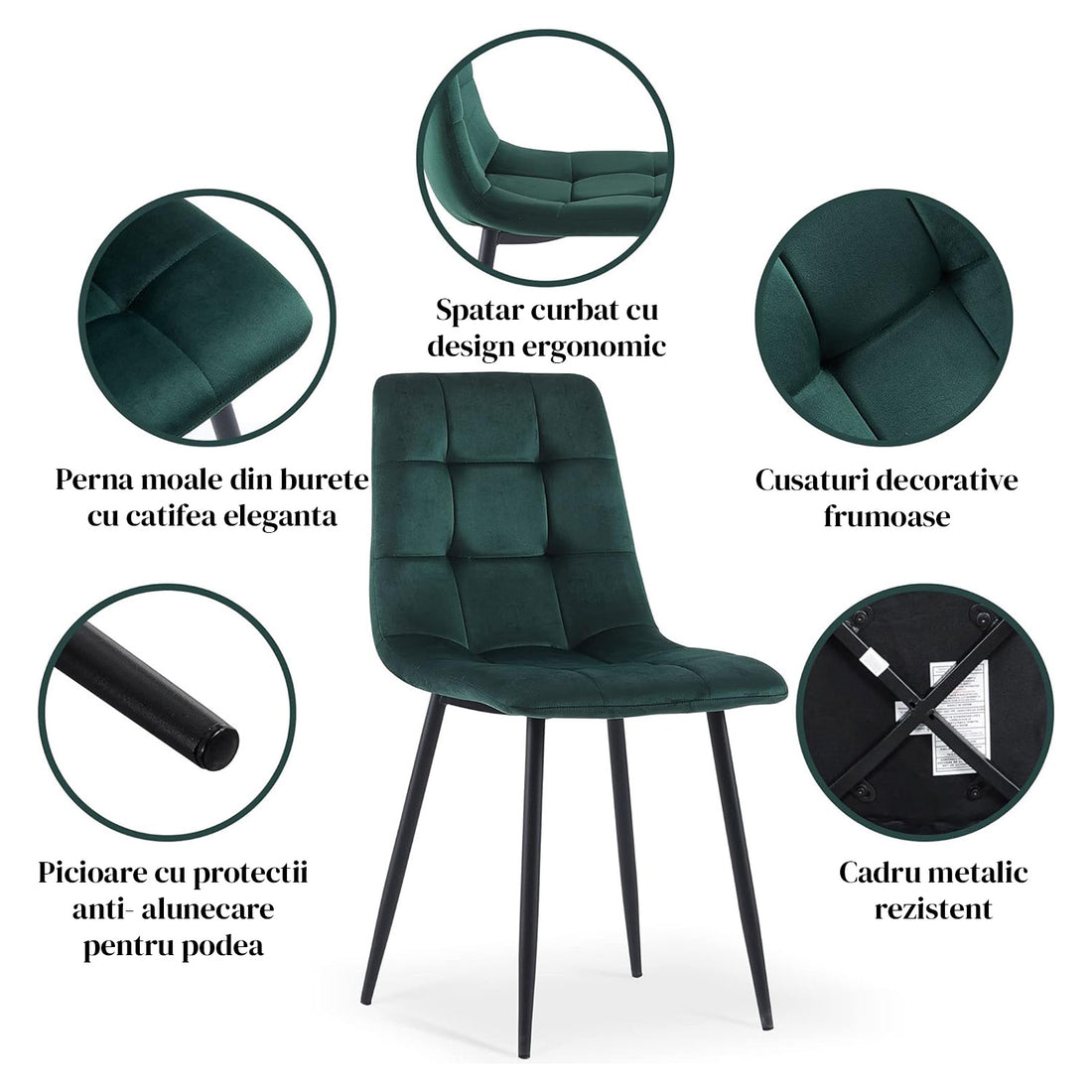 Set 2 Scaune Elindor® Ergonomice, Design Contemporan, Scaun cu Spatar si fara Manere, din Catifea cu Picioare Metalice Negre, Potrivite pentru Living, Bucatarie, Birou, Dormitor, Latime Sezut 44 cm, 87 cm Inaltime Totala, Verde Smarald