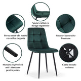Set 2 Scaune Elindor® Ergonomice, Design Contemporan, Scaun cu Spatar si fara Manere, din Catifea cu Picioare Metalice Negre, Potrivite pentru Living, Bucatarie, Birou, Dormitor, Latime Sezut 44 cm, 87 cm Inaltime Totala, Verde Smarald