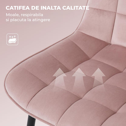 Set 2 Scaune Elindor® Ergonomice, Design Contemporan, Scaun cu Spatar si fara Manere, din Catifea cu Picioare Metalice Negre, Potrivite pentru Living, Bucatarie, Birou, Dormitor, Latime Sezut 46 cm, 85.5 x 45 x 42 cm, Roz