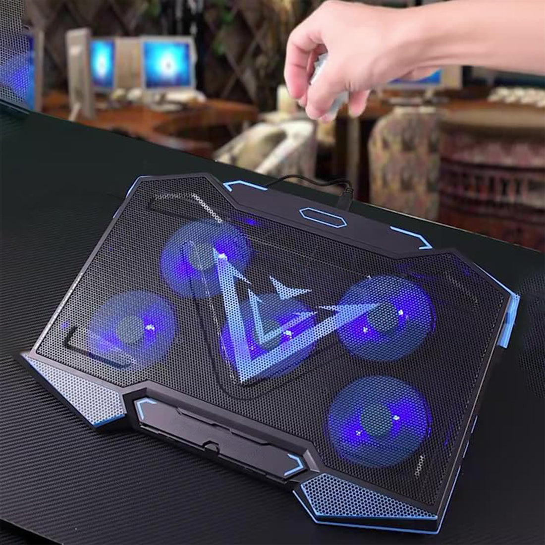 Cooler Laptop Gaming RGB Elindor® Suport cu Unghi Reglabil pe 5 Nivele, Viteza Ajustabila, Dimensiuni Compatabile 15.6-17 Inch, 5 Ventilatoare Puternice si Silentioase 20dB, 2 Porturi USB, pentru Birou, Calatorii, 45.5 x 32 x 3.2 cm, Negru