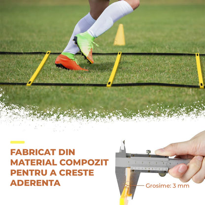 Scara de Antrenament Elindor® pentru Agilitate, Viteza, Rezistenta, Coordonare, Rapiditate, cu 12 Trepte, Lungime Reglabila Treapta 38-42 cm, Interior / Exterior, Geanta de Transport Inclusa, 500 x 42 cm, Galben / Negru