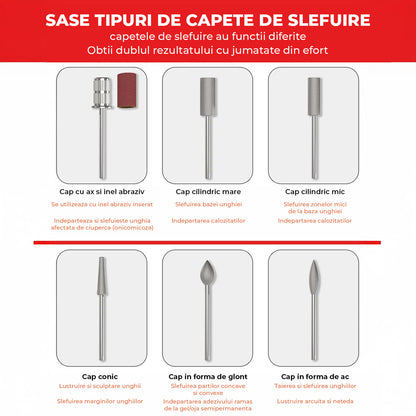 Freza Unghii Electrica Elindor® cu Suport Pila Electrica Reincarcabila, Set Complet de Ingrijire pentru Manichiura si Pedichiura Profesionala, Cuticule sau Calcaie, 45000 RPM, Viteza Reglaj Continuu, 6 Capete Detasabile, 6 Benzi Abrazive, Ecran LCD, Alb