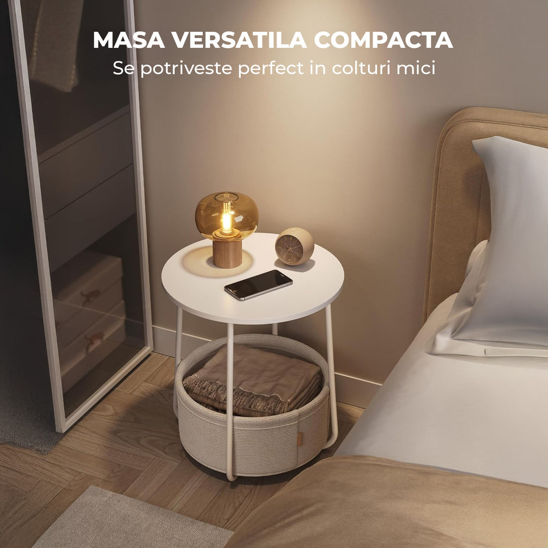 Masa de Cafea Laterala Elindor® Rotunda, Design Industrial, Ideala pentru Living, Birou, Dormitor, Mobila Multifunctionala, Moderna, Greutate Maxima Suportata 35 kg, Cos Depozitare, 50 x 45 x 45 cm, Alb