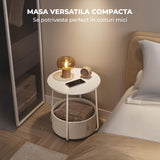 Masa de Cafea Laterala Elindor® Rotunda, Design Industrial, Ideala pentru Living, Birou, Dormitor, Mobila Multifunctionala, Moderna, Greutate Maxima Suportata 35 kg, Cos Depozitare, 50 x 45 x 45 cm, Alb