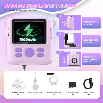 Camera Foto Copii Elindor®, Jucarie cu Ecran LCD, Cadou Educativ pentru Poze, Card Inclus 32GB, Ideal pentru Fete si Baieti, Mov
