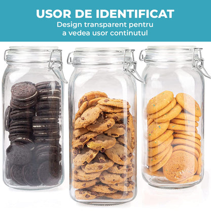 Set 3 Borcane Sticla 2.3L Elindor®, Capace Groase , Depozitare Etansa pentru Alimente, Transparent