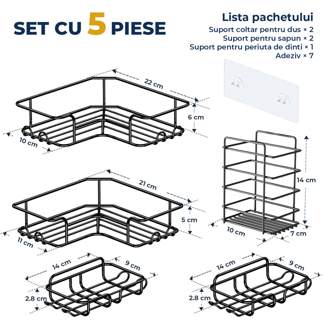 Set 5 Rafturi de Dus Elindor® Polita cu Adeziv, Etajera de Baie pentru Colt, Raft cu Carlige, din Otel Carbon, Suport Prosop si Sapun, Organizator Baie sau Etajere Depozitare in Bucatarie, Accesorii Sanitare, Negru