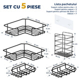 Set 5 Rafturi de Dus Elindor® Polita cu Adeziv, Etajera de Baie pentru Colt, Raft cu Carlige, din Otel Carbon, Suport Prosop si Sapun, Organizator Baie sau Etajere Depozitare in Bucatarie, Accesorii Sanitare, Negru