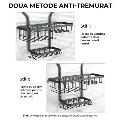 Suport Săpun și Etajere Duș Elindor®, Lipire Adeziv, 10 Cărlinge, Capacitate 20kg, Negru
