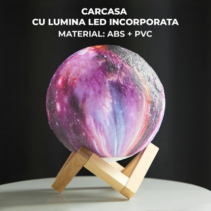 Lampa de Veghe Elindor® cu LED, Model Luna si Galaxie, Incarcare USB, 16 Culori pentru Camera cu Efect 3D, Veioza Control prin Atingere si cu Telecomanda, Potrivita si pentru Noptiera in Dormitor,  Atractiva pentru Camera Copilului, Baza din Lemn