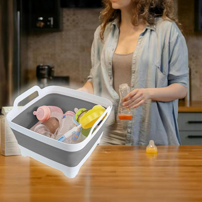 Lighean Pliabil Elindor® cu Dop de Scurgere, din Plastic Dur, Mare, Cos Rufe pentru Baie, Cadita pentru Animale de Companie, Ideal pentru Camping / Rulota, Baza Antialunecare, 30.5×31.5×20 cm, Gri / Alb