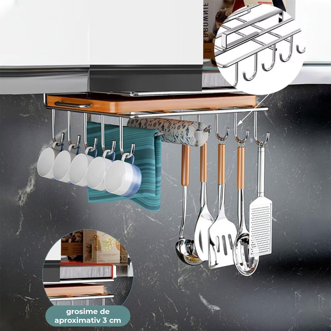 Suport de Perete Elindor® pentru Ustensile de Bucatarie, cu 10 Carlige, Sistem de Prindere prin Agatare, fara Gauri, Depozitare Diversa si Multipla, Suport Metalic, Accesorii Organizare, Economisire Spatiu, Organizator de 26 x 25  x 13 cm, Argintiu