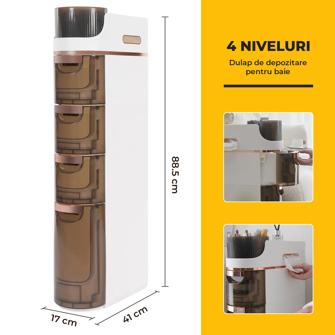 Dulap de Baie Slim Elindor® cu 4 Sertare si Spatiu Depozitare Superior Detasabil, Ideal pentru Baie, Bucatarie, Birou, Living, Spalatorii, Scoala, Organizator Multifunctional, 88.5 x 41 x 17 cm, Alb