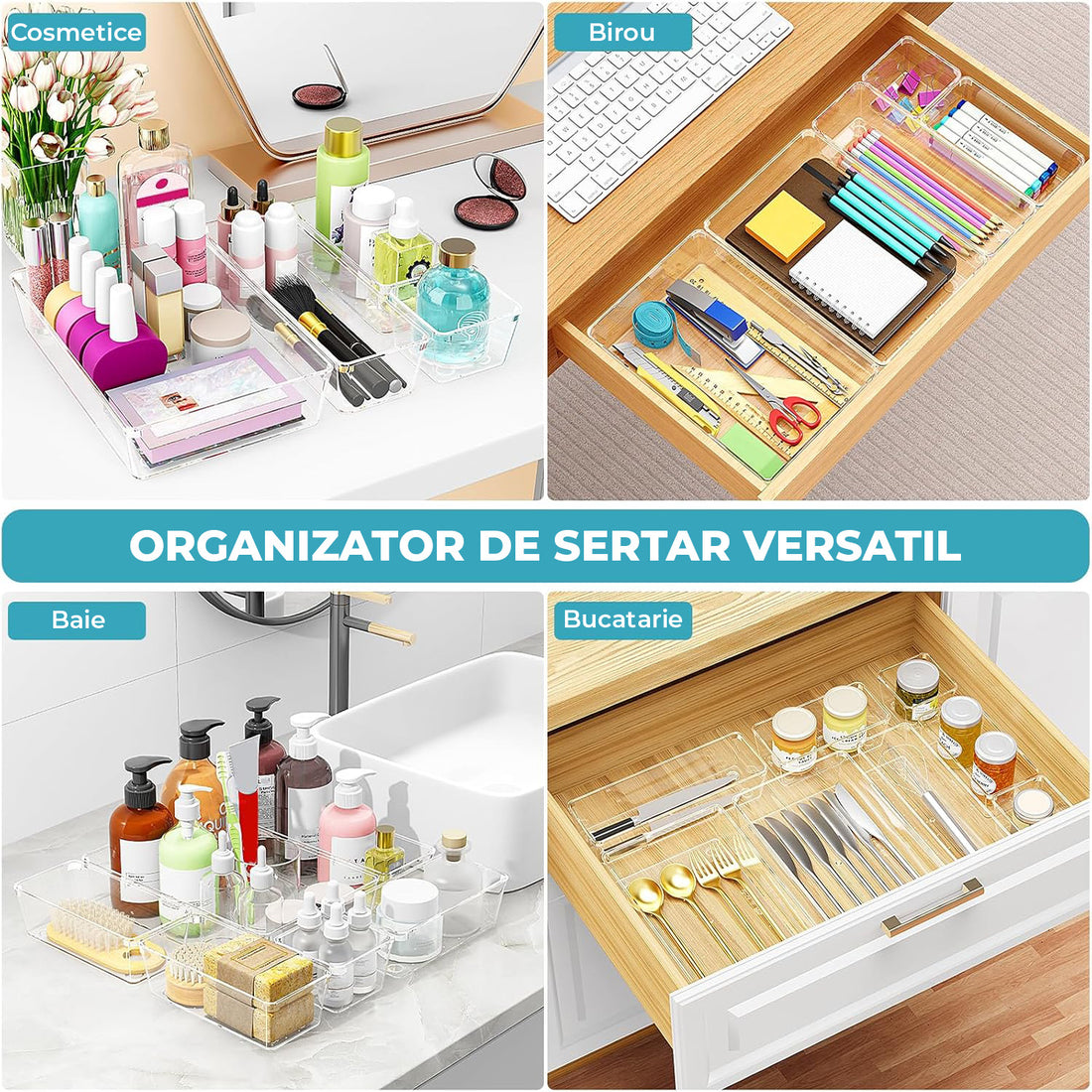 Set 12 Cutii Depozitare Elindor® Organizator pentru Bucatarie si Baie, 4 Marimi, Organizatoare Dulap si Sertare, Cutie pentru Sertar, Frigider, Camara, Baie, Bar, Birou, Cos Multifunctional, Separator Fructe, Legume, Creme, Parfumuri, Plastic Acrilic