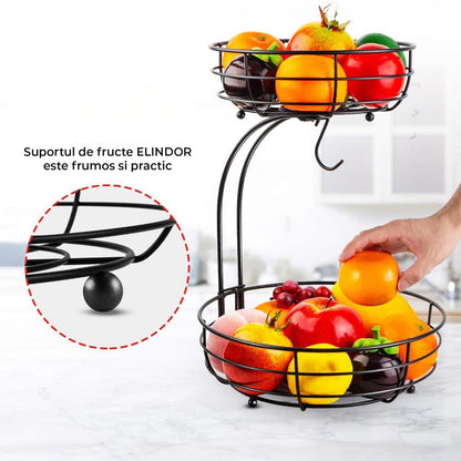 Cos de Fructe si Legume Elindor® Metalic, pe 2 Nivele, cu Carlig pentru Banane, Potrivit pentru Blat sau Masa Bucatarie, Living, Organizator cu Suport Detasabil, Depozitare Universala, 38 x 28 x 22 cm, Negru