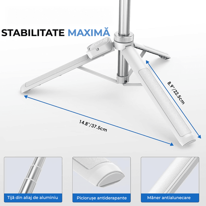 Trepied foto telescopic, universal pentru telefon/cameră/GoPro, Bluetooth, ajustabil, alb