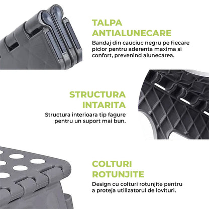 Scaun Pliabil Elindor® Ideal pentru Bucatarie, Baie, Birou, Living, Terasa, Uz Interior si Exterior, Taburet din ABS, Greutate Maxima Suportata 120 kg, Suprafata Antialunecare, 29 x 22 x 22 cm, Gri