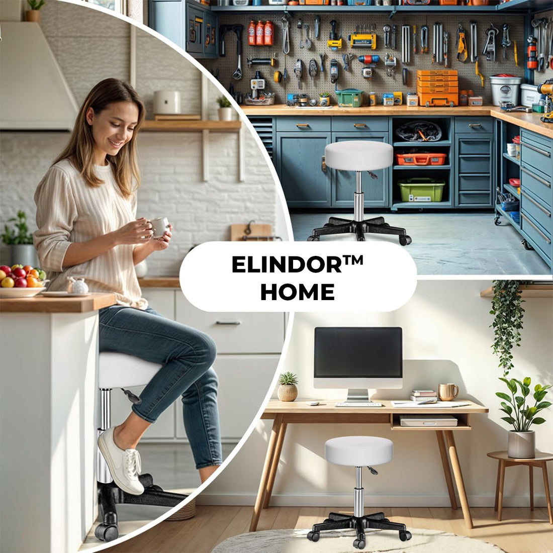 Scaun Rotativ Elindor® cu Roti, Ergonomic, fara Spatar si Manere, Design Compact, Tapitat cu Burete Moale, cu Picior Metalic, Potrivite pentru Living, Bucatarie, Birou, Dormitor, Inaltime Ajustabila, 49 x 49 x 46-60 cm, Alb