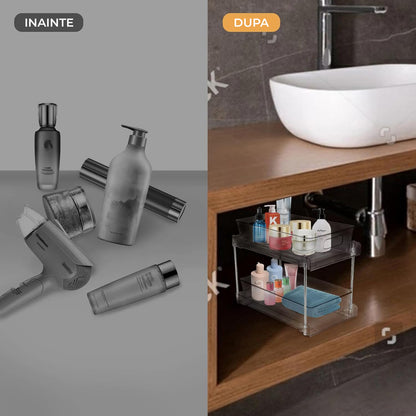 Organizator Transparente Elindor® cu 2 Nivele, Recipient de Depozitare Multifunctional si Glisant, Organizator pentru Dulapul de sub Chiuveta din Baie si Bucatarie, 30 × 19 × 25.5 cm, Acrilic