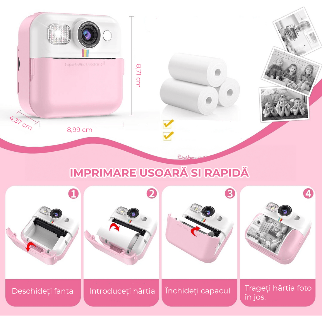 Camera Foto Instant Pentru Copii Elindor®, Ecran 2.4 Inch, 1080P, 16X Zoom, Printare Fara Cerneala, 3 Role Hartie Incluse, 32GB SD, Roz