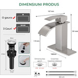 Baterie Cascadă Elindor® pentru Chiuveta Baie, Finisaj Nichel Satinat, Mâner Unic, Placă pentru 1 sau 3 Găuri