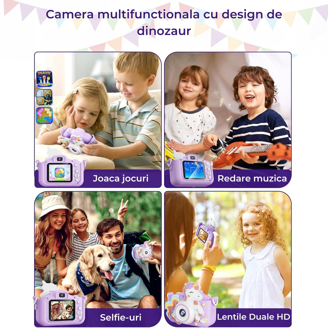 Cameră Foto Digitală pentru Copii Elindor® - Unicorn, 48MP, 1080P HD, Cadou Perfect pentru 3-12 Ani