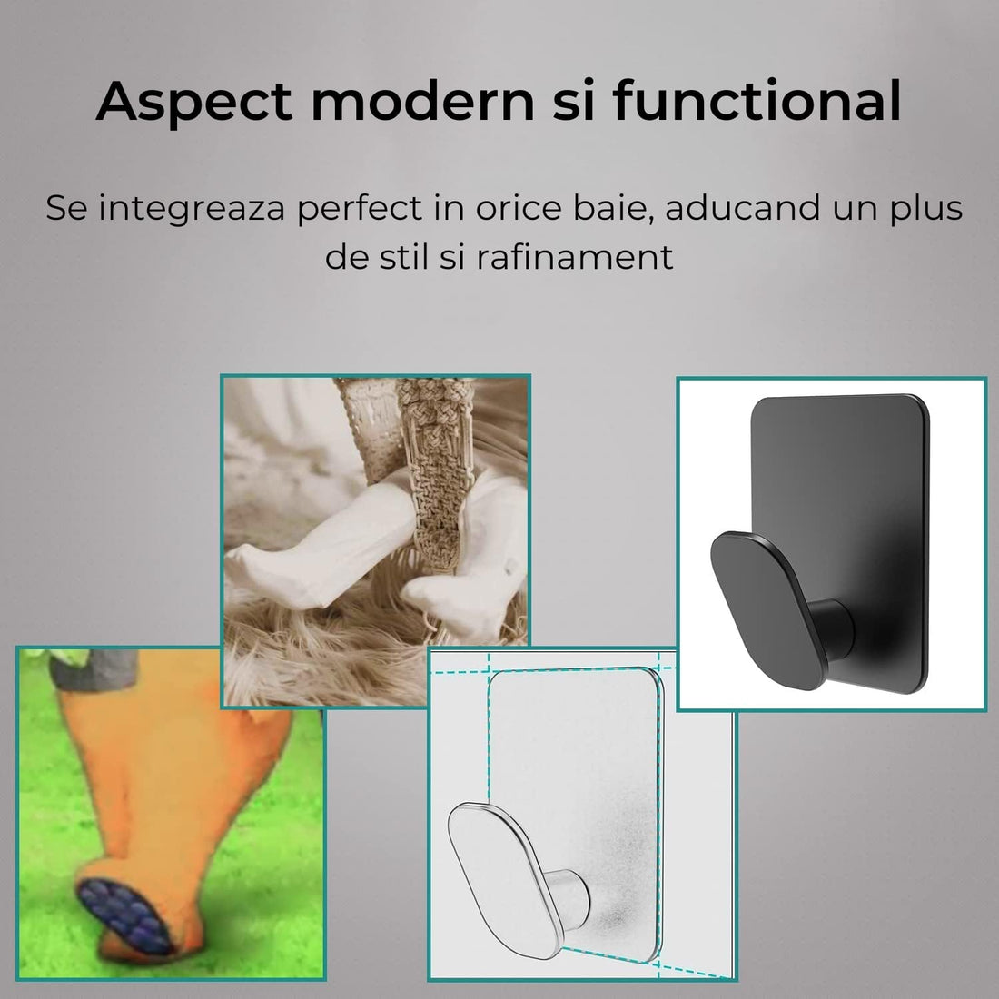 Set 4 Carlige Adezive din Otel Inoxidabil, Suporta pana la 6,8 kg, Design patrat si Colturi rotunde, Instalare Usoara, Ideal pentru Baie, Bucatarie sau Birou, Negru Mat