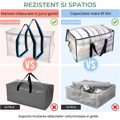 Set 6 Genți Depozitare Elindor® Supradimensionate, cu Mânere Întărite, Transparente
