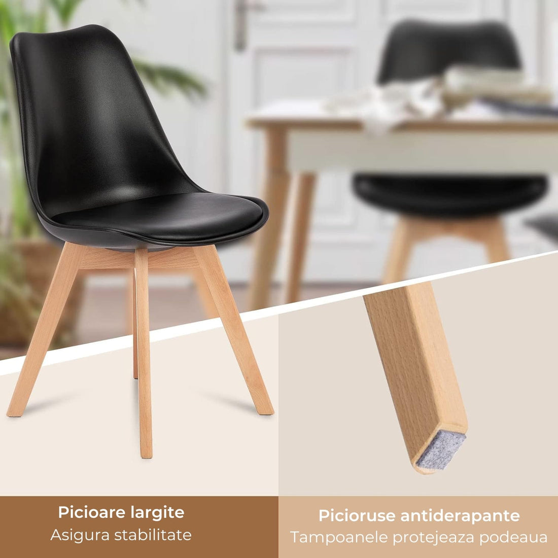 Set 4 Scaune Elindor® Stil Retro, Piele Ecologică și Picioare din Lemn, Negre