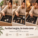 Organizator Elindor® pentru Tacamuri si Ustensile de Bucatarie, 9 Compartimente, Sertar Extensibil, Suport Ajustabil pentru Cutite, Linguri, Furculite, Accesorii Bucatarie, Separator Sertar, 33.7-50 x 45 x 5 cm, Negru