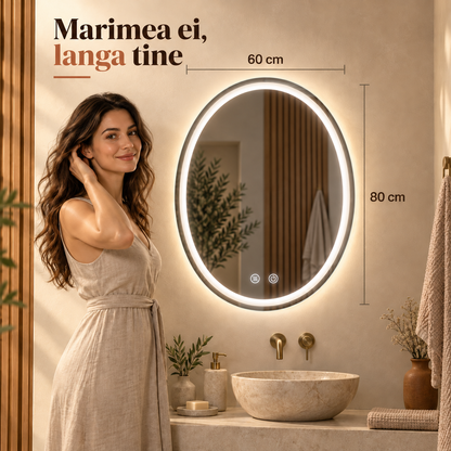 Oglinda de Perete Elindor® Antiaburire, Ovala, Montare pe Verticala, fara Rama, Ideala pentru Baie, Iluminare Led, Buton ON/OFF Luminat si Noaptea, Rezistenta la Umiditate IP44, 60 x 80 cm