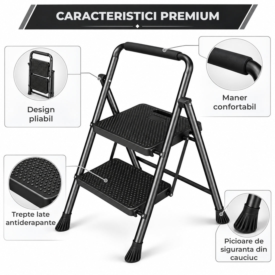 Scara Pliabila Metalica Elindor® cu 2 Trepte, Portabila, cu Pedale Late Antiderapante, Maner de Sprijin, Sistem de Blocare, Picioare Antialunecare, pentru Interior, Uz Casnic, Capacitate 150 kg, 46 x 45 x 80 cm, Negru