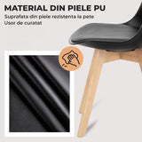 Set 4 Scaune Bucatarie Negre Elindor® din Piele Ecologica, Picioare din Lemn, Scaun Confortabil, Perna Sezut, Elegant, pentru Bucatarie, Dormitor, Living, 50 x 45 x 81 cm