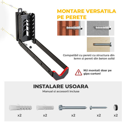 Suport Bicicleta de Perete Elindor®, Suport Vertical pentru Depozitare Bicicleta cu Rotire 120°, Baza Metalica din Otel Carbon, Reglaj 3 Trepte, Suporta pana la 35 kg, 43.8 × 11.8 × 30.7 cm, Negru