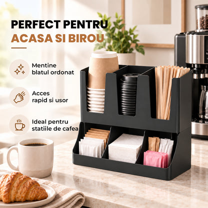 Organizator Multifunctional Elindor® pentru Bucatarie, Cafea si Birou, 6 Compartimente, Suport pentru Pahare, Capace, Pliculete si Accesorii, Design Compact, Ideal pentru Cafenele, Localuri, Acasa, ABS, 29.8 x 13.8 x 29.2 cm, Negru