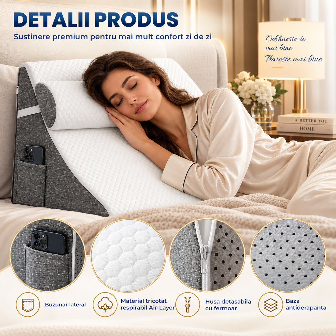 Perna Ergonomica Elindor®, Perna Wedge pentru Circulatie si Recuperare, Suport pentru Genunchi, Picioare si Trunchi, cu Spuma cu Memorie, Husa Textila, 50 x 50 x 26 cm, Gri / Alb