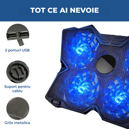 Cooler Laptop Gaming RGB Elindor® Suport cu Unghi Reglabil pe 2 Nivele, Viteza Ajustabila, Dimensiuni Compatabile 11-19 Inch, 4 Ventilatoare Puternice si Silentioase, 2 Porturi USB, Suport Telefon, pentru Birou, Calatorii, 40.5 × 28.5 × 3.1 cm, Albastru