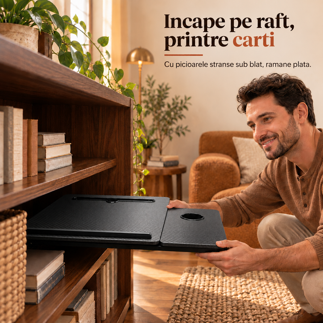 Masa Pliabila pentru Laptop Elindor® cu Suport Pahar, Antiderapanta, Unghiuri de Inclinare, Usor de Depozitat, Birou Portabil Utilizare in Orice Loc, Ideala la Munca sau Mic Dejun la Pat, Negru