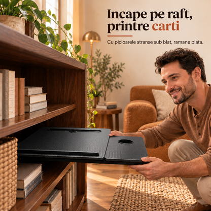 Masa Pliabila pentru Laptop Elindor® cu Suport Pahar, Antiderapanta, Unghiuri de Inclinare, Usor de Depozitat, Birou Portabil Utilizare in Orice Loc, Ideala la Munca sau Mic Dejun la Pat, Negru