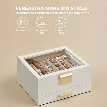 Cutie de Bijuterii Elindor® cu Capac, Organizator 2 Niveluri, 1x Sertar, Spatiu de Depozitare Inel, Verighete, Lantisoare, Bratari, Cercei, Caseta din Material Catifelat, Design Rafinat, Simplu si Elegant, Piele Ecologica, 22.3 x 23.1 x 10.4 cm, Alb/Auriu
